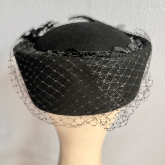 Black Wool Felt Hat iwth Big Feathers, Sequins, Netting - Picture 3 of 10